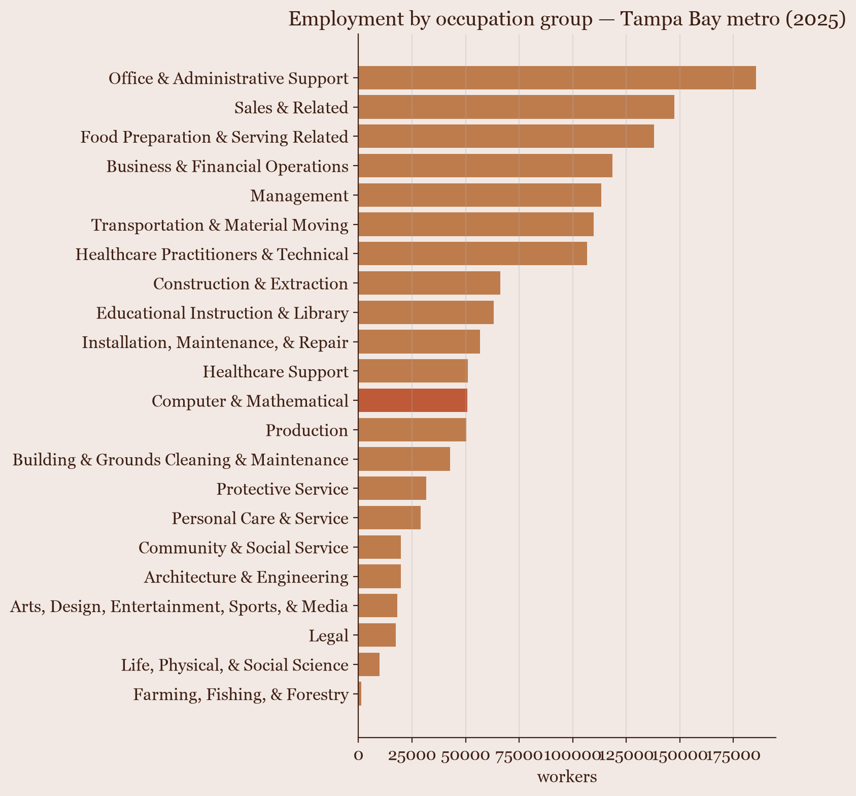 Horizontal bar chart of Tampa metro employment by occupation group; office/admin, sales, and food service lead; computer and mathematical is 12th of 22.